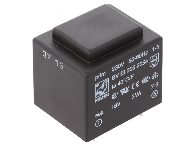 Transformator: ingegoten; 3VA; 230VAC; 18V; 167mA; PCB; BVEI Transformator: ingegoten; 3VA; 230VAC; 18V; 167mA; PCB; BVEI
